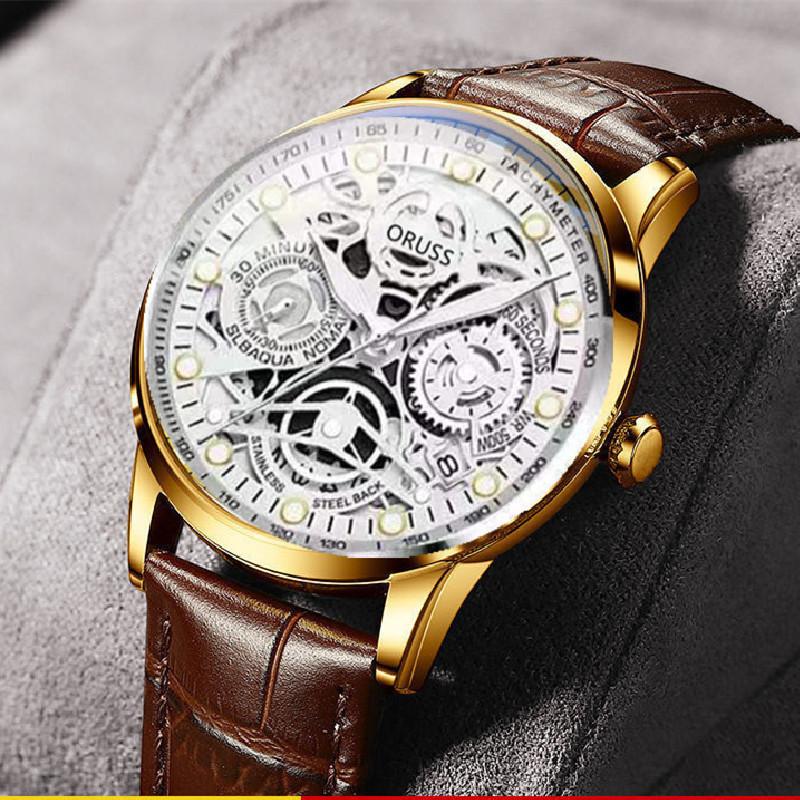 ORUSS Uhren Herren Vollskelett Uhrwerk Automatik Wasserdicht Leuchtend Quarz Atmosphärisch Mode Herrenuhren