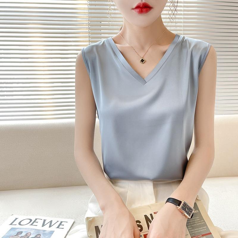Women's Summer Vest Silk Slim V-neck Broad Shoulder Crop Inner Sleeveless Tops