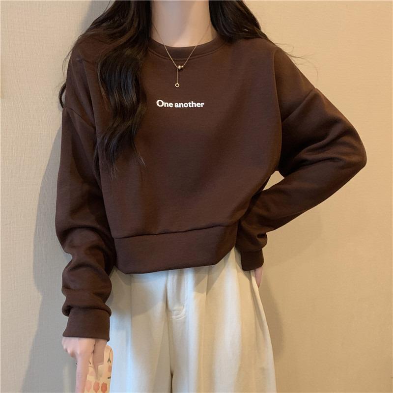 Real shot without hat short sweater women's loose and versatile autumn and winter thin pullover printed alphabet top