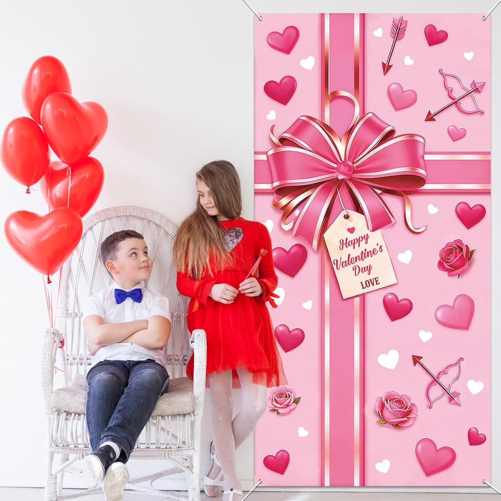 Happy Valentine's Day Door Cover Decoration Pink Bow Gift Box Door Banner Valentines Day Love Heart Hanging Banner Valentine Present Backdrop for