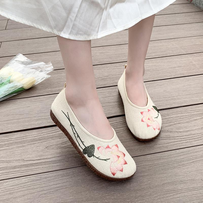 Flower Embroidered Women Comfortable Canvas Ballet Flats Instep Buckles Ladies Casual Flat Shoes Old Beijing Shoes
