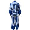 QICED Autunno Moda Donna Camicia Stampata a Righe Suit Pantaloni Gamba Dritta Pieghettati Gamba Larga