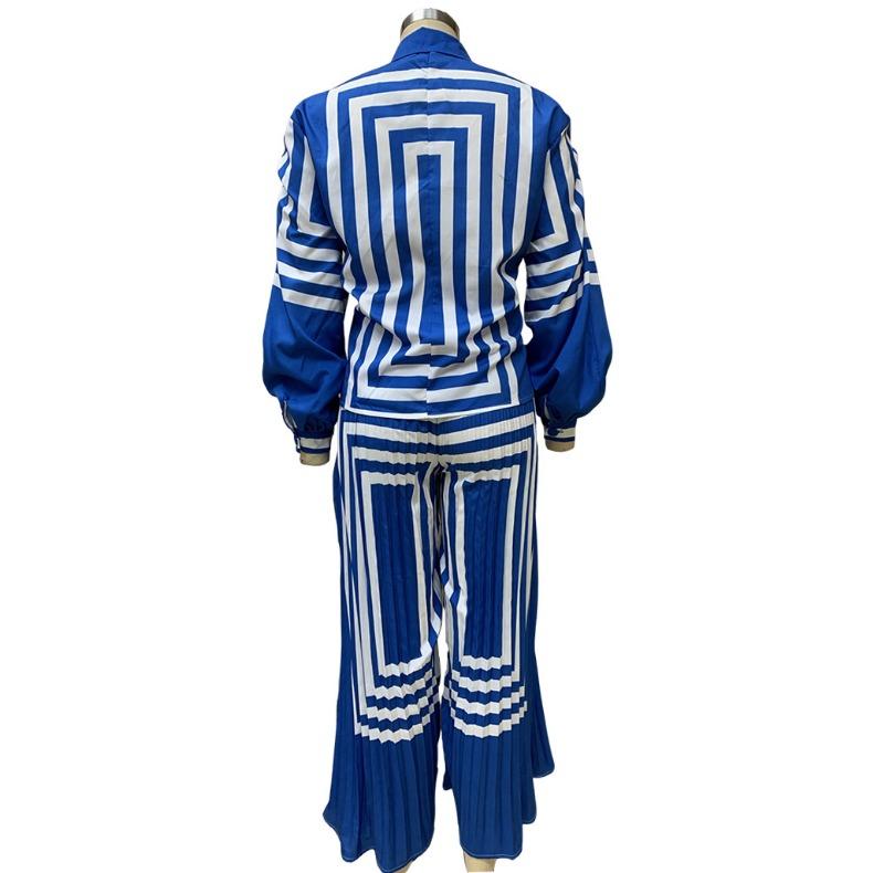 QICED Autunno Moda Donna Camicia Stampata a Righe Suit Pantaloni Gamba Dritta Pieghettati Gamba Larga