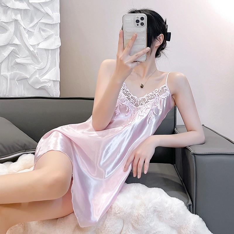 Summer Womens Satin Sleep Dress With Lace Trim Sleeveless Lounge Wear For Home Relaxation