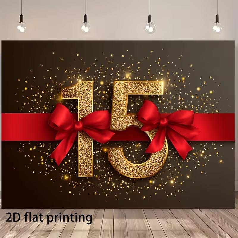 

2D Sweet 15 Backdrop, Black Background with Gold Glitter 15 , Red Bows & Confetti Background Cloth 47.2x31.5inch/120*80cm