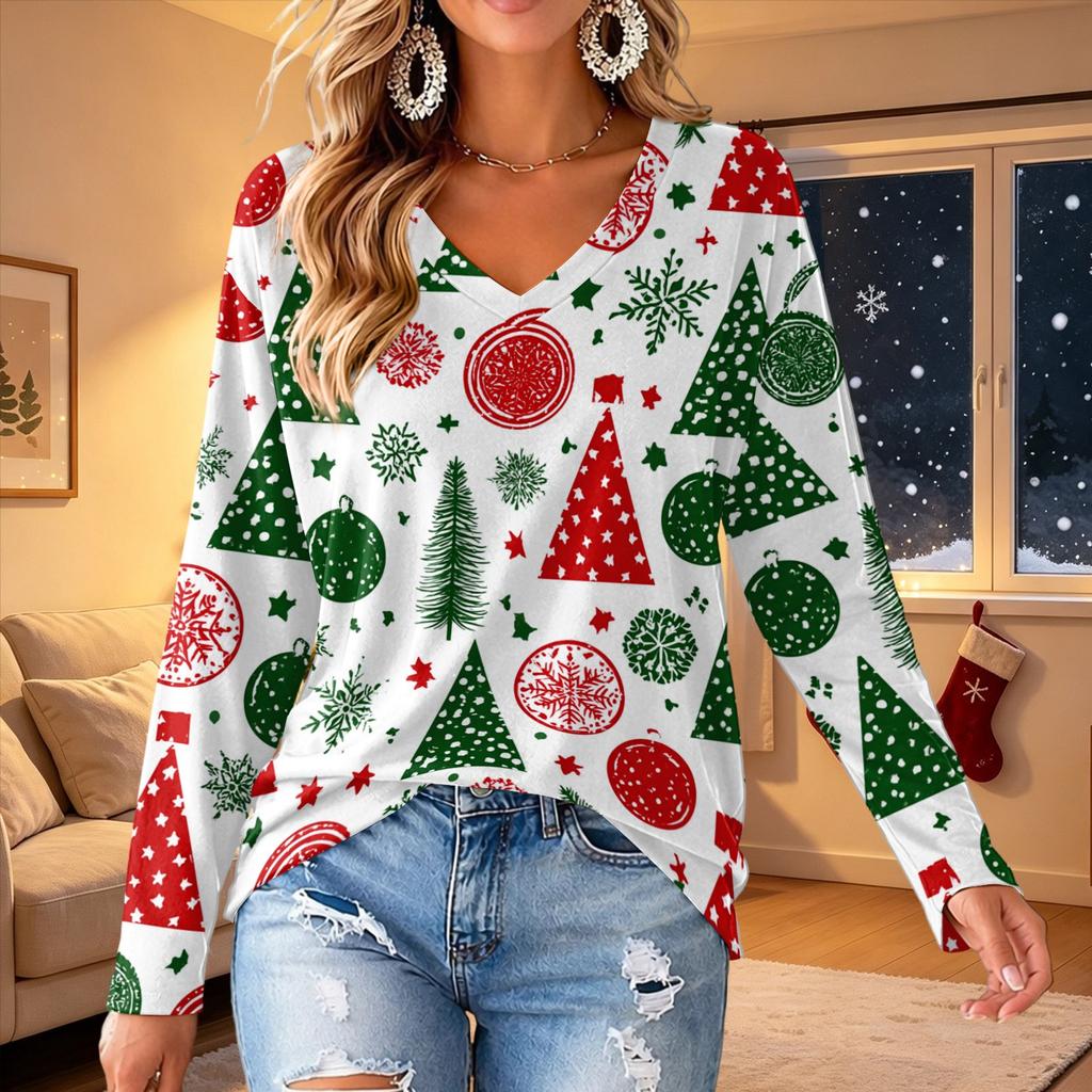 Women's V-Neck Long Sleeve Christmas Print Lightweight Blouse for Spring Summer
