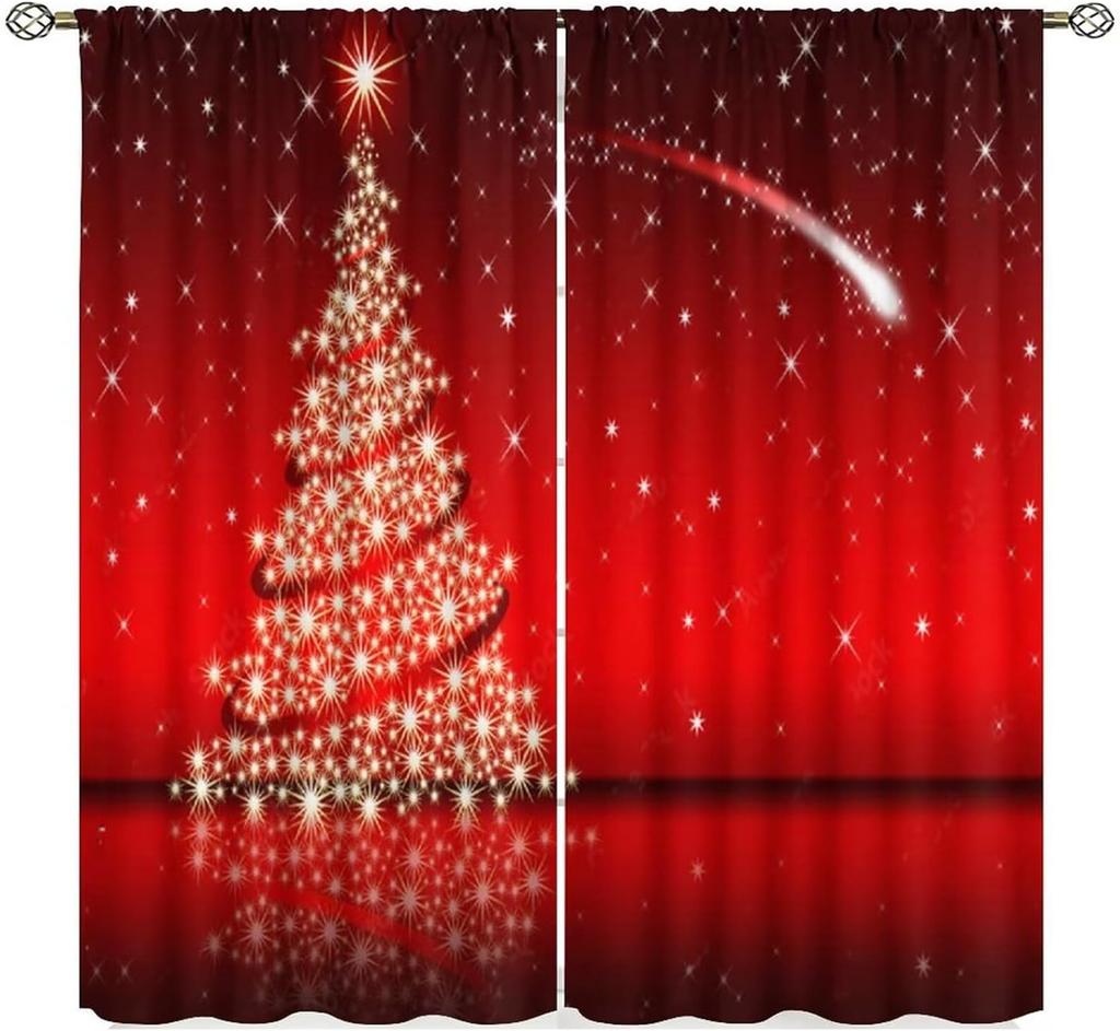 Christmas Curtains Red White Snowflakes Xmas Merry New Year Winter Holiday Party Decor Window Drapery Treatments Curtain Made Of Polyester