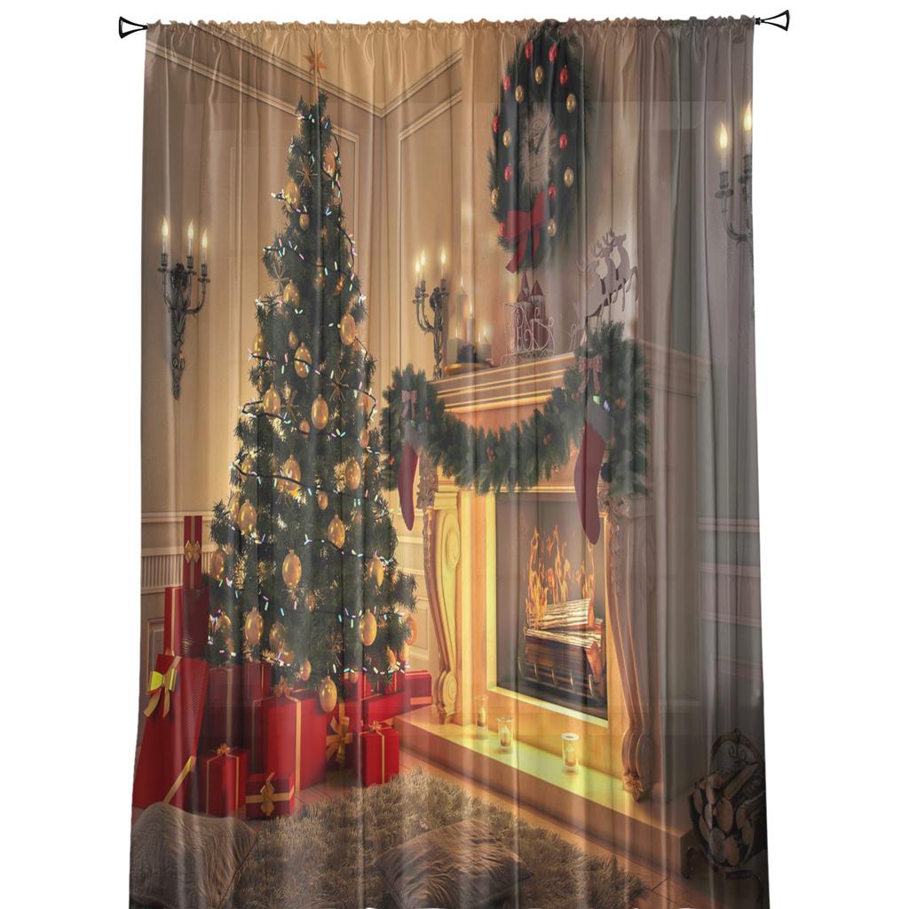 Christmas Tree Wreath Gifts Fireplace Tulle Sheer Window Curtains For Living Room Bedroom Modern Voile Organza Curtains Drapes