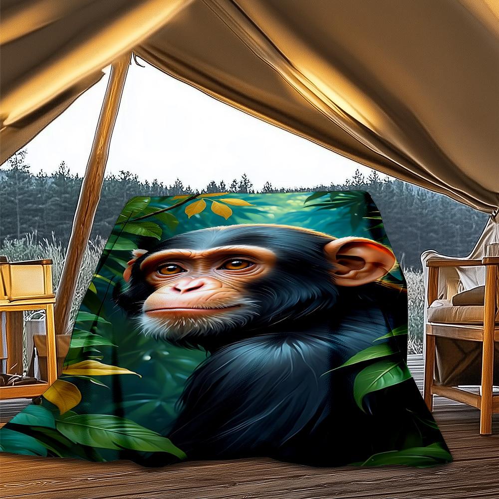 1pc Chimpanzee Print Throw Blanket Polyester Fiber, Lightweight Flannel, Soft & Warm, All Season Use for Outdoor, Camping Digital Print