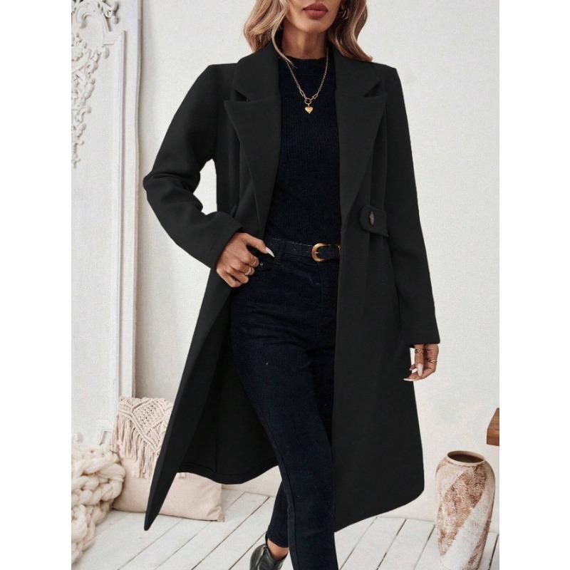 Women Long Lapel Thick Woolen Coat Slim Fit Winter Outerwear