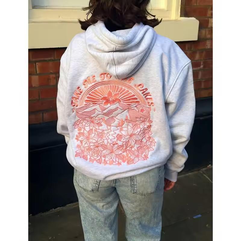 Women's Loose Hoodie with Letter Print and Kangaroo Pocket