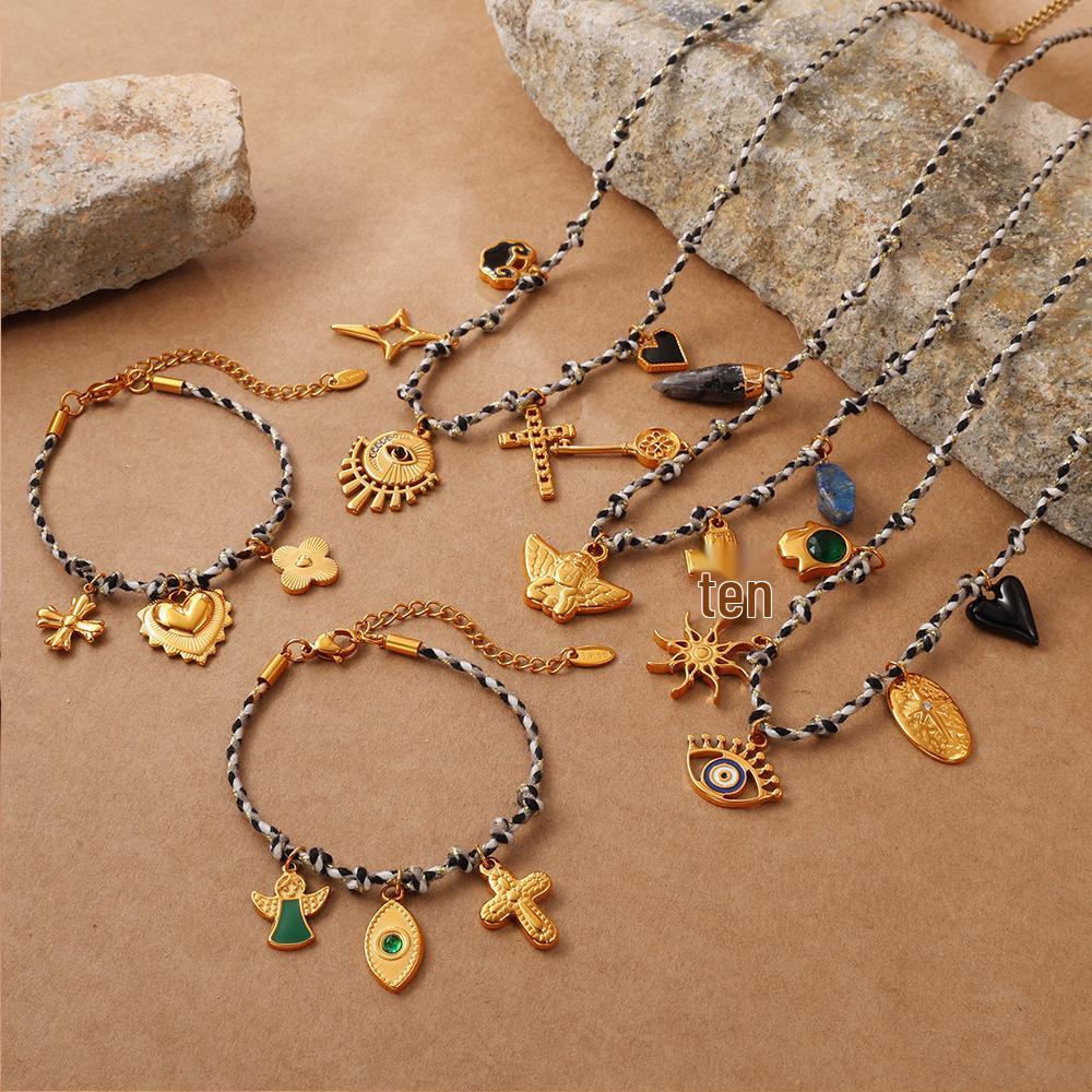 European-American Geometric Woven Rope Jewelry Set: Natural Stone Bracelet & Necklace
