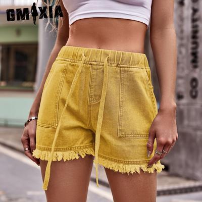 Elastic Waist Drawstring Casual High Waist Raw Edge Denim Shorts Women's Fashion