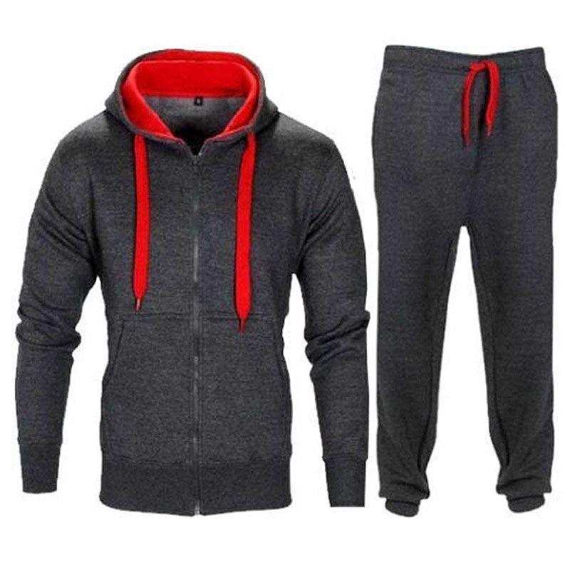 Set Mens Tracksuit Fleece Zip Hoodie Topsbottoms Joggers Gym Jogging Contrast