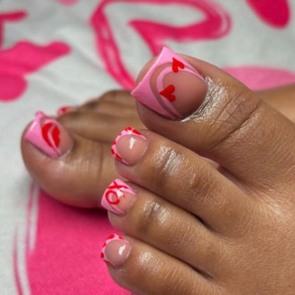 24pcs French Fake Toenails Pink Gradient Full Cover Short Square Toe Nails Foot Nails Tips for Women Girls