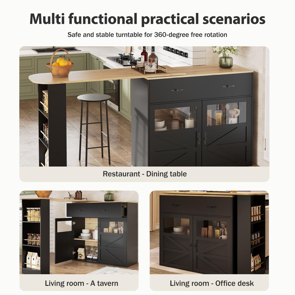 Extendable bar table with storage (138-204×39×104cm), 360° rotatable dining bar, kitchen island bistro table, sideboard cabinet with shelves, black