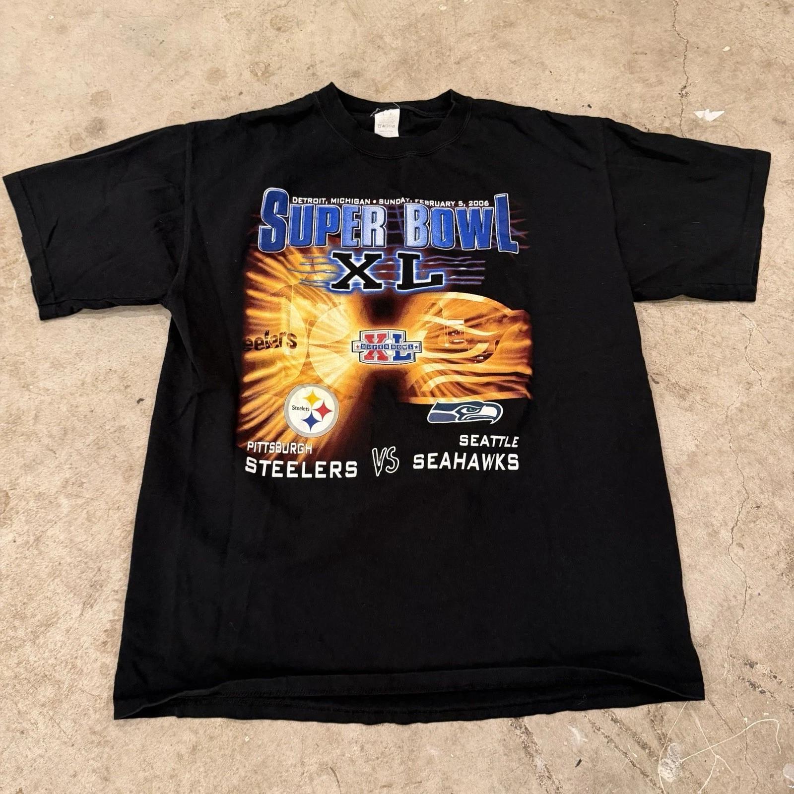 

Vintage Super Bowl XL T T-Shirt Sz Large Detroit Michigan Steelers Seahawks Y2K S