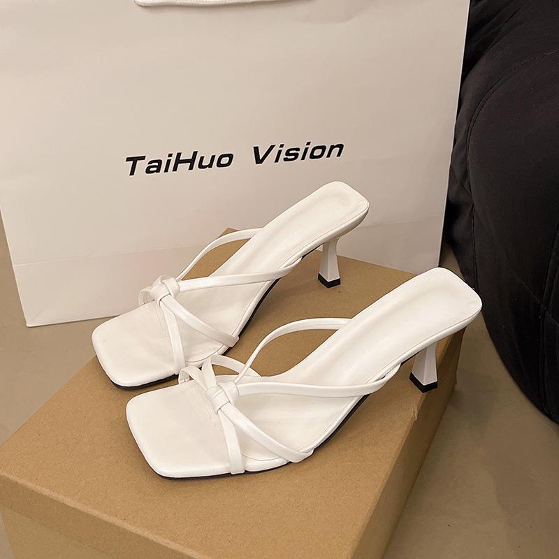 Niche leopard print high-heeled slippers one-word slippers women's shoes wear 2025 new summer temperament cool slippers