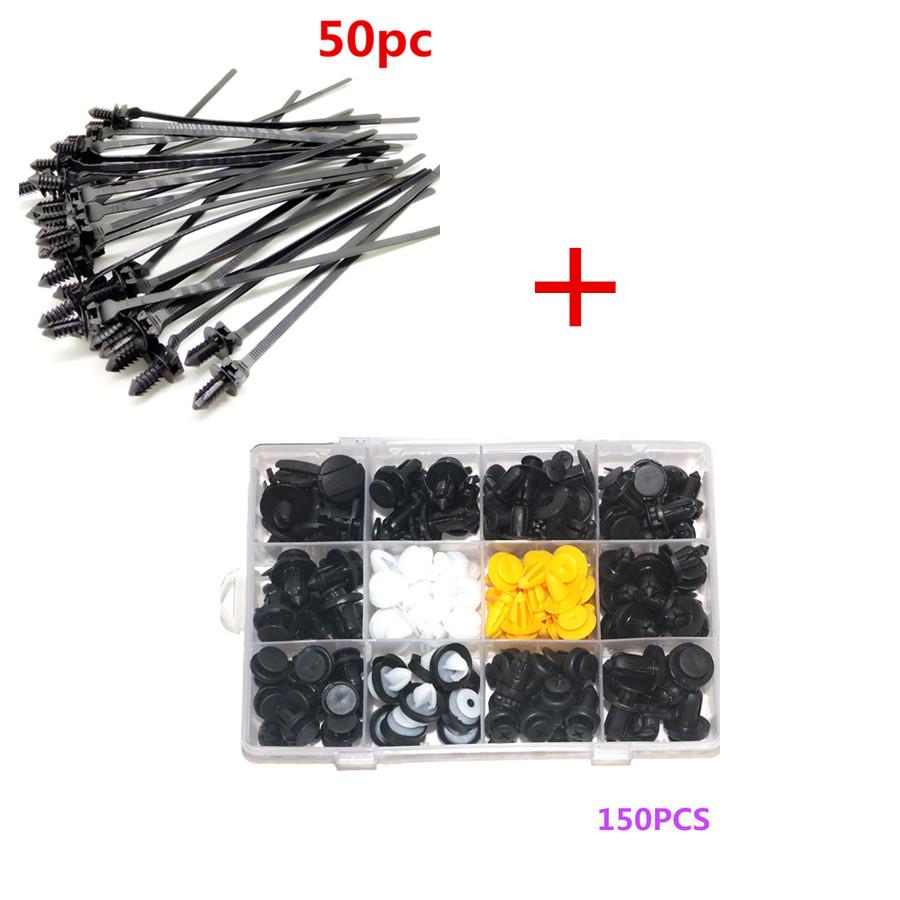

150 Pcs Plastic Mixed Size Car Door Panels Bumper Clip +50 Pcs Fastener Tie Wrap