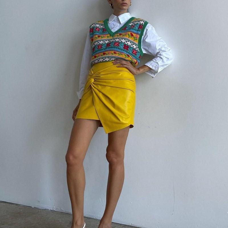 Qooth Elegant Women A Line Irregular PU Bodycon Skirt Slim Mini Length Zipper Waist Casual Skirt  QT2708