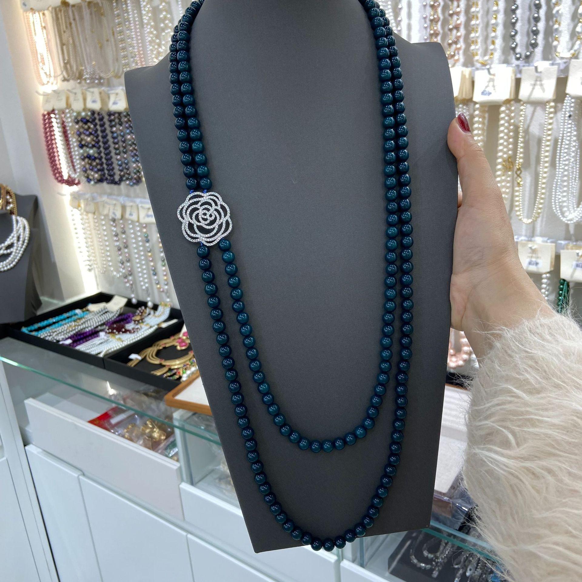Ink Blue Glazed Bead Diamond Hollow Rose Double-Layer Necklace Exquisite Fashion Light Luxury High-End Sweater Chain