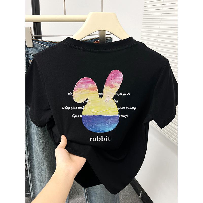 

2024 Summer Women s Petite Straight Shoulder Short Sleeve T-shirt - Trendy Front & Back Print Round Neck Top XL (120-135 jin) білий/сірий колір