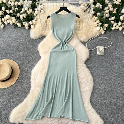 2025 Spring New Knitted Beach Long Dress Summer Women's Slim-fit Slimming Hollow-out Waisted Slim-fit Sleeveless Dress