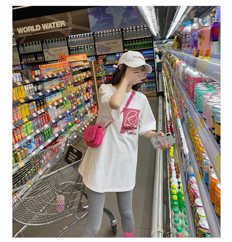 Damen Rosa Bedrucktes Kurzarm Rundhals T-Shirt - Sommer 2024 Koreanischer Stil, Schlicht und Locker geschnitten, Perfekt für Studentinnen.