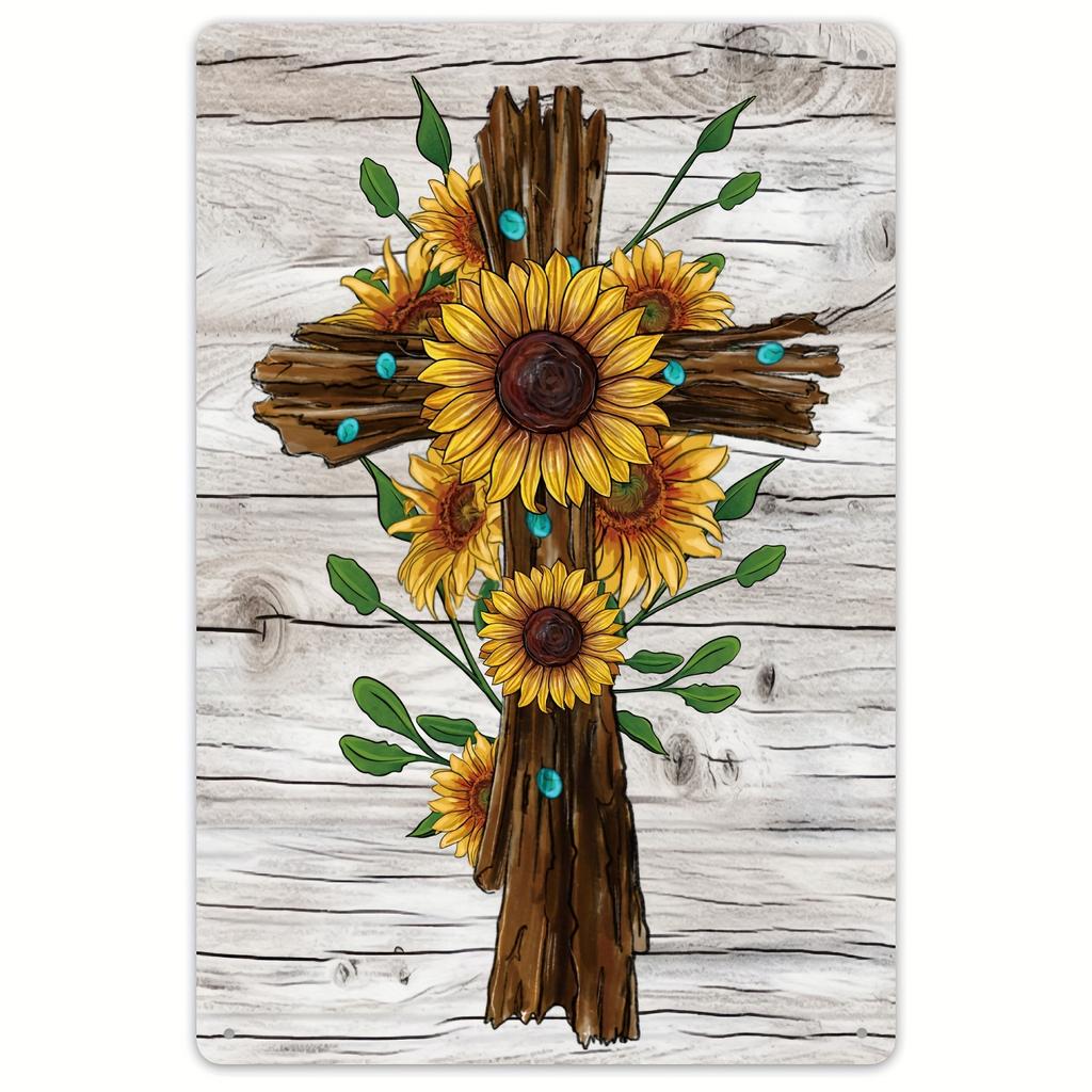 Retro SunflowerThemed Wooden Cross Metal Sign xcm Vintage Tin Wall Art for Garage Man Cave Home Decor