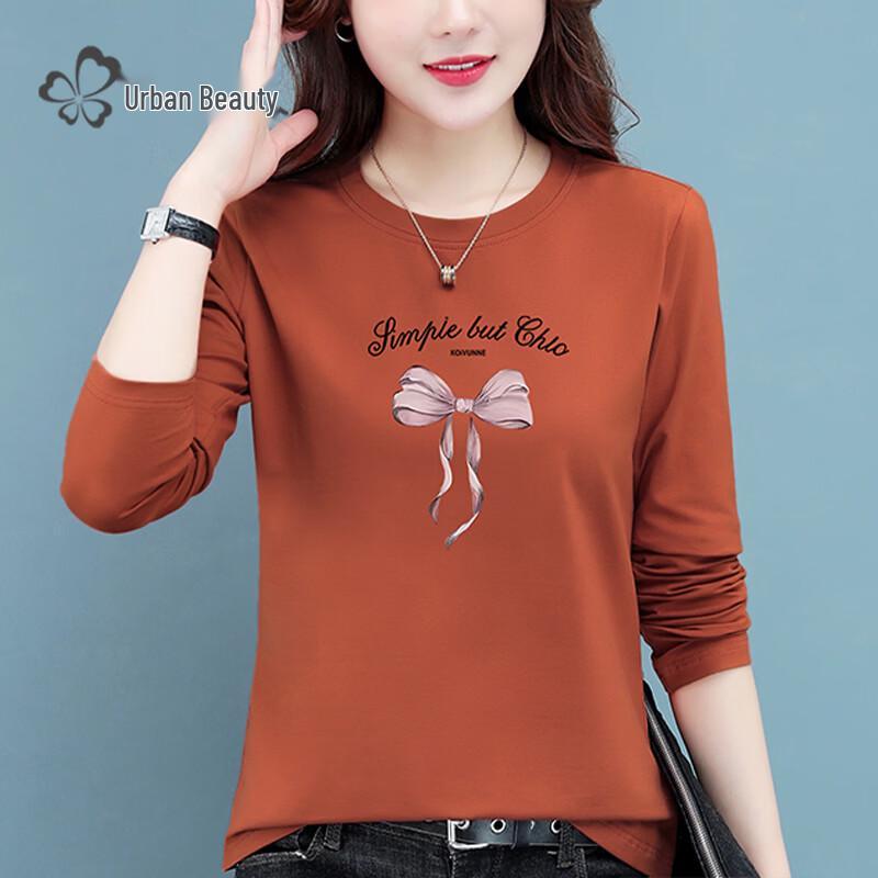 Women's Casual Bow-Print Long-Sleeve Crew Neck Cotton Blend T-Shirt