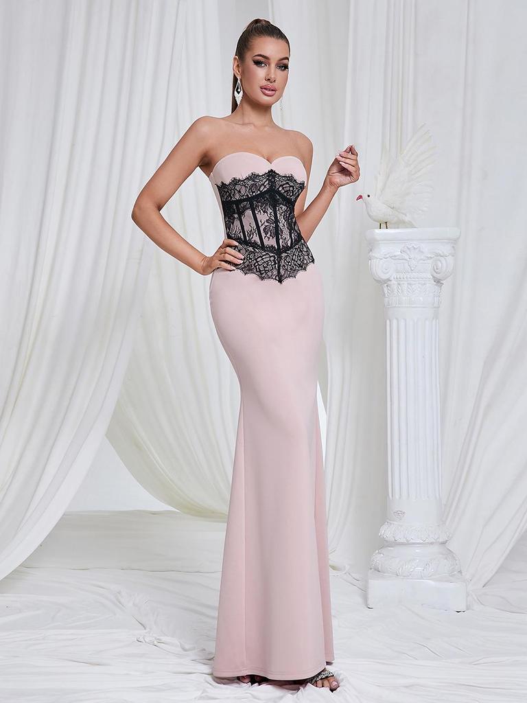 Robe de soirée ajustée à patchwork de blocs de couleur en dentelle sans bretelles style européen américain
