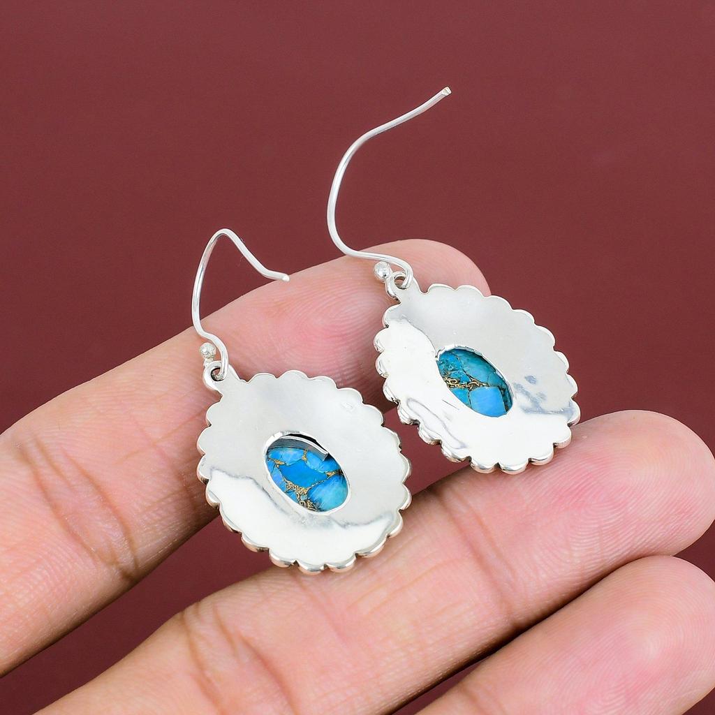 Copper Blue Turquoise Earring Vintage Gemstone Earrings 925 Sterling Silver Earring Antique Jewelry Handmade Dangle Earring Engagement Gifts