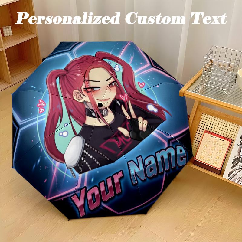 8 Rib Auto Folding Umbrella Kpop Demon Hunters Print Custom Name Text Portable Rain Gear