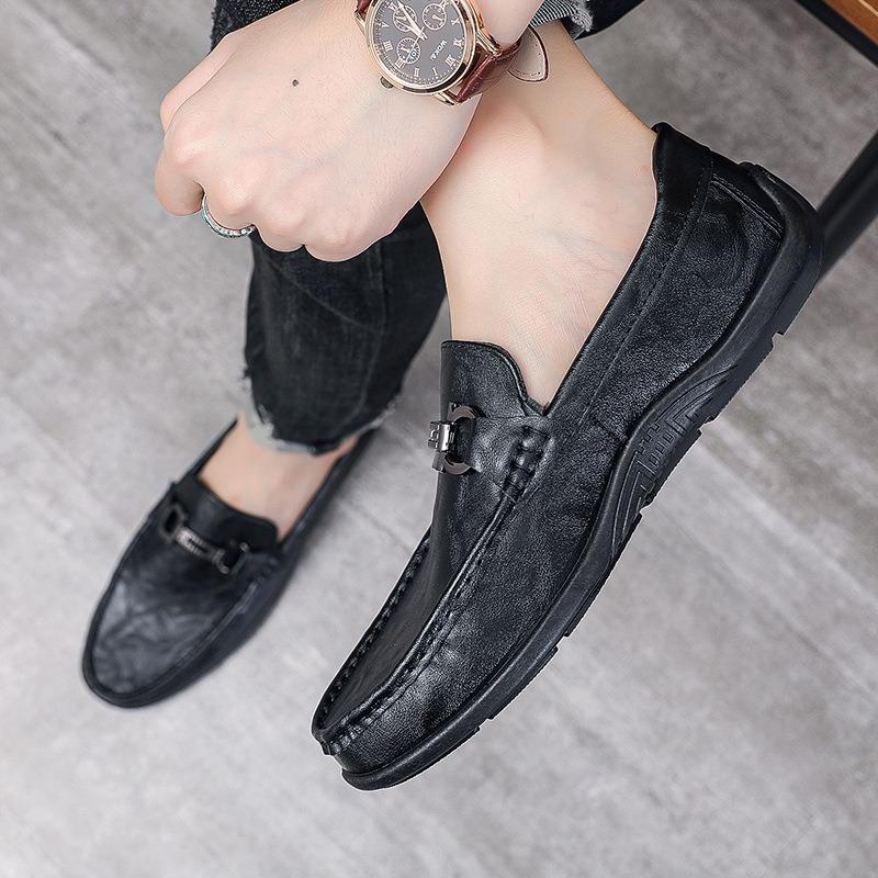 One-pedal Men's Shoes British Black Leather Soft-soled Beanie Shoes Business Men's Casual Leather Shoes Trendy Shoes Men
