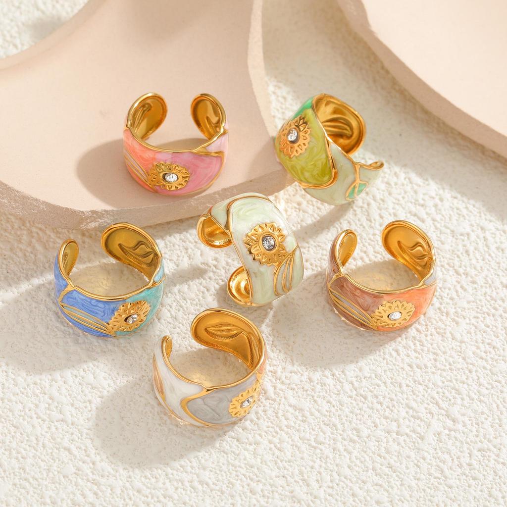 Rhinestone Sunflower Drip Oil Open Ring: European & American Style, Fashionable Titanium Steel Jewelry for Women