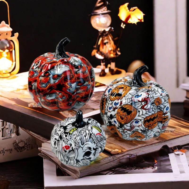 Hall Cabinet Skull Pumpkin Figure with Paint Pattern for Holiday Indoor Shelf Table Room for Mantels Entryway and Home