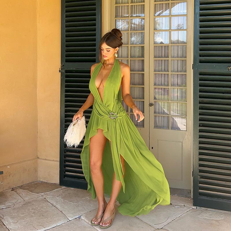 European and American style pleated neck split open back ruffle edge streamer evening dress island vacation beach skirt