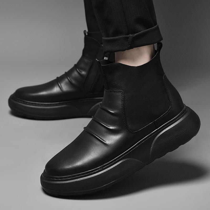 Men's High-Top Cowhide Leather Boots, Autumn/Winter British Style, Velvet-Lined, Warm Casual Flats