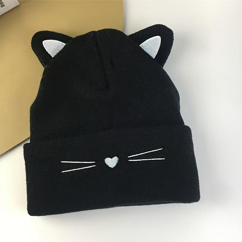 Cute Cat Embroidery Brimless Cap Outdoor Warm Ear Protection Cat's Ears Pullover Hat Woman Autumn and Winter Soft Head Cap