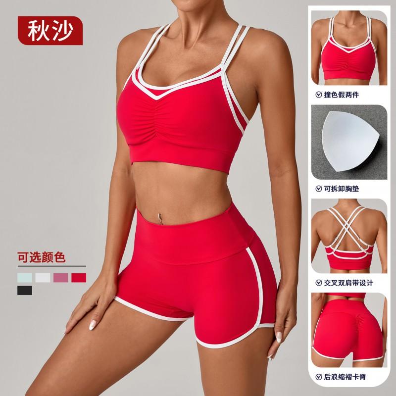 Color Block Sports Bra High-Waist Shorts Set Women Tight Fit Yoga Running Fitness