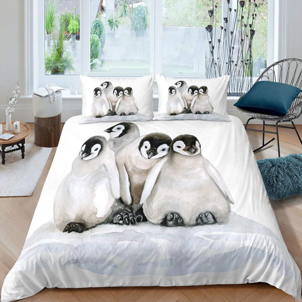 Penguin Duvet Cover Set Antarctic Animals Bedding Set For Kids Boys Girls Cartoon Style King Size Winter Theme Comforter Cover