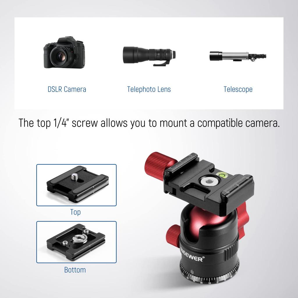 Neewer Tripod Ball Compact Ball Panoramic Ball Head with Quick Release Suitable for DSLR Maximum 5kg GM28 Head, Head, 360° Rotation, 1/4" Plate,