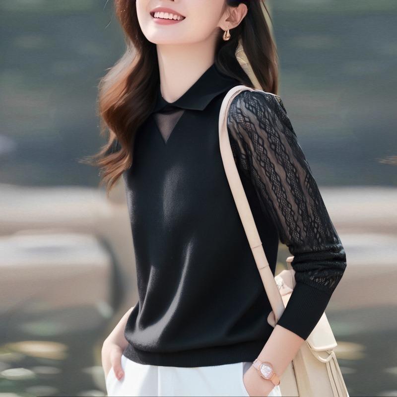 Spring and Autumn Lace Knitted Sweater Long Sleeve Top Women's Small Lapel Bottom