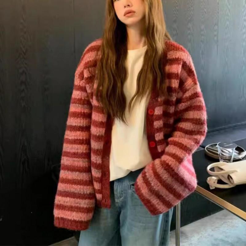 Damen Oversized V-Ausschnitt Strick Cardigan Pullover Rote Streifen Weich Gemütlich Winter Oberbekleidung Lässig Lockere Passform