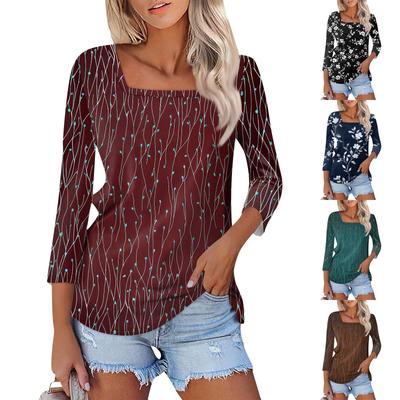 Shirt For Women's Fashion Casual Square Neck 3/4 Sleeve Loose Printed T-Shirt Ladies Top