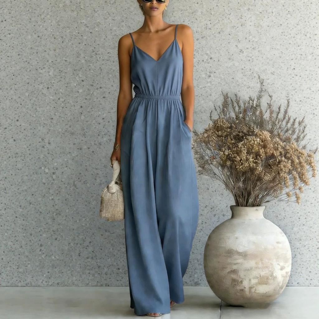 Damen V-Ausschnitt Ärmelloser Jumpsuit mit weitem Bein und Taschen