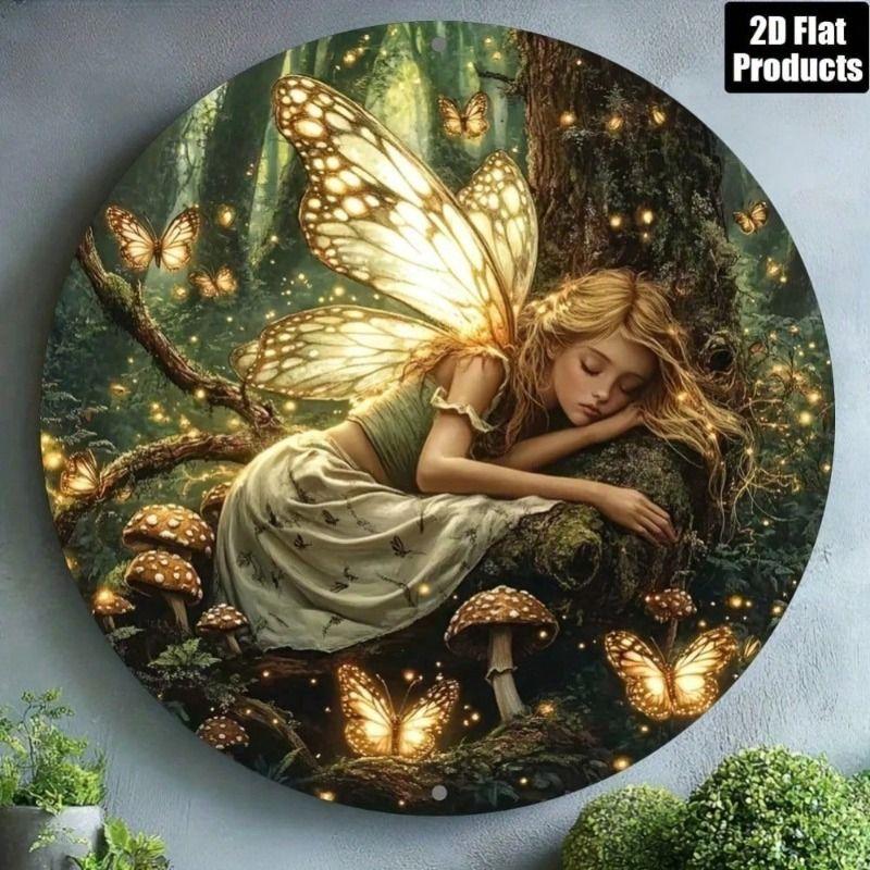 

Tin Sign Butterfly Fairy Wall Art, Aluminum Round 8x8 Inch Home Decor