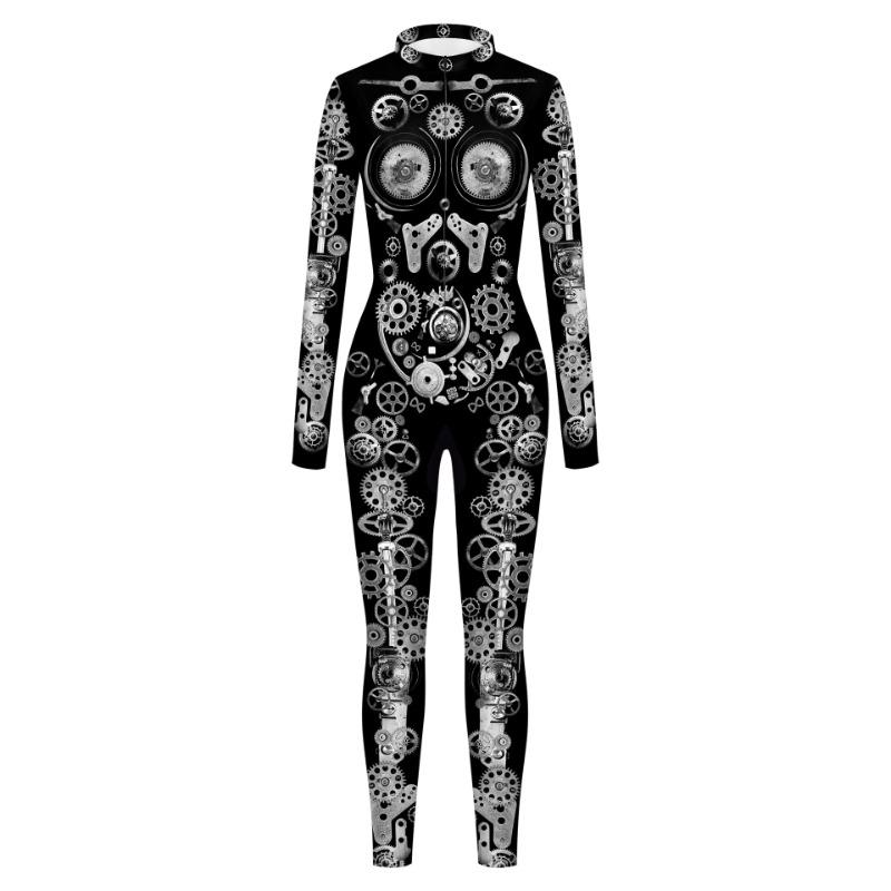 Halloween Costume Clock Gear Digital Printing Steampunk Tights Onesie Woman