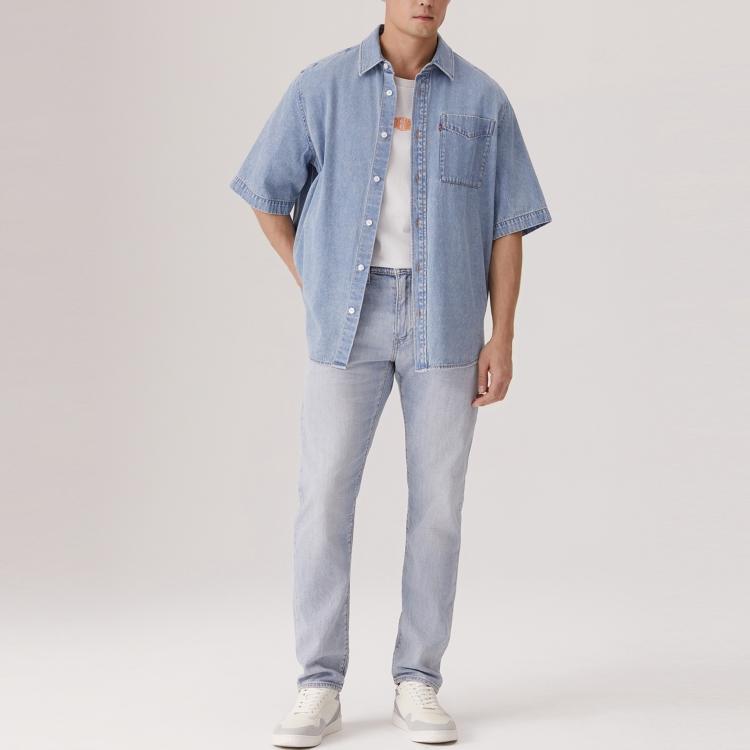 Levis Cool Series Loose Comfortable Versatile Polo Denim Short Sleeve Shirt Men Shirts Blue 002WR-0001