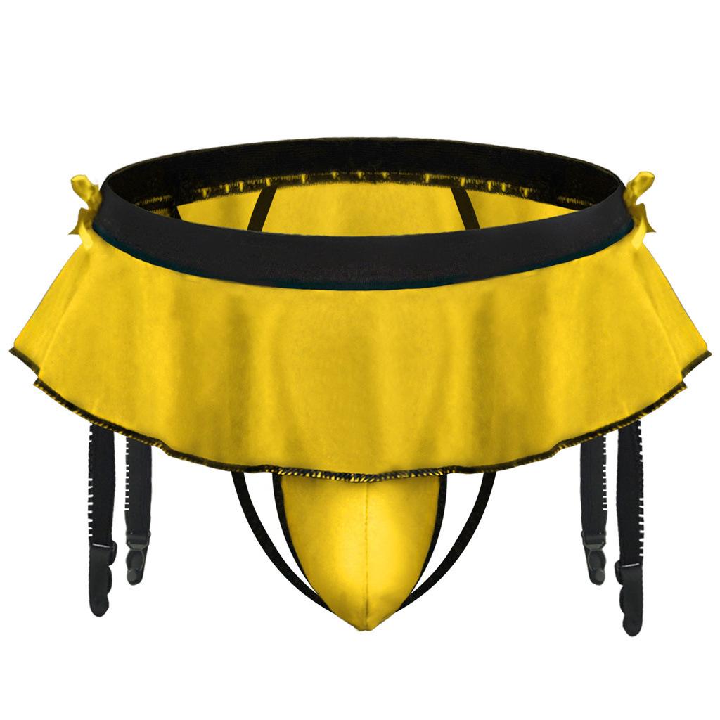 Men'S Sissy Skirted Ruffle Thong Panties Bowknot Low Rise G-String Bikini Briefs Underwear With 4 Gaters Belt Gay Sexy Lingerie